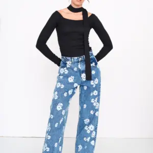 24COLOURS Cotton Denim Pants | Blue Floral Print